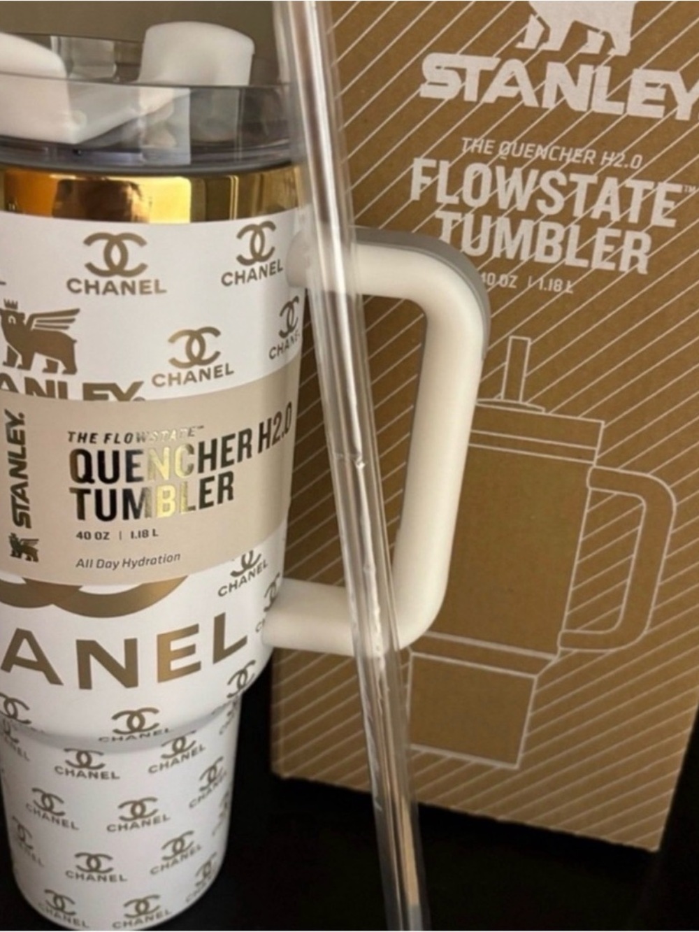 Gold White Stanley Designer Logo Drinking Cup Tumbler w/ Straw BRAND NEW in BOX
